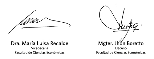 Imagen de las firmas del Decano, Magíster Jhon Boretto, y la Vicedecana, Doctora María Luisa Recalde
