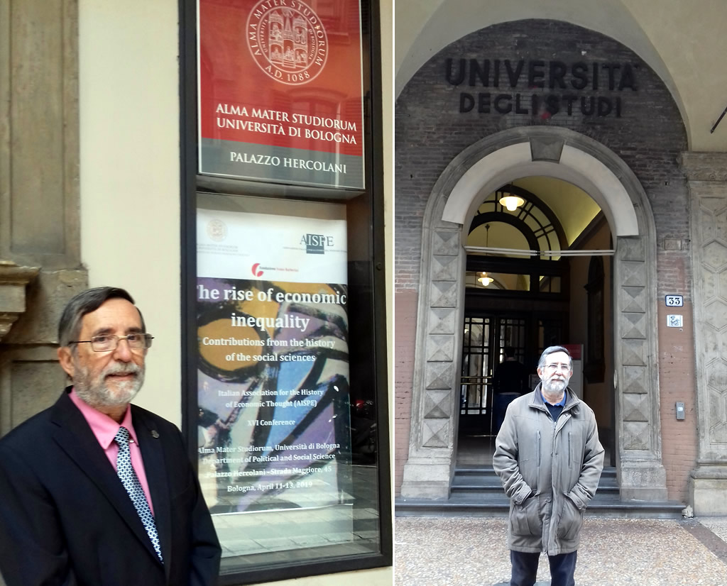 Dos imágenes donde Alfredo Blanco posa en la Universidad de Bologna, Italia