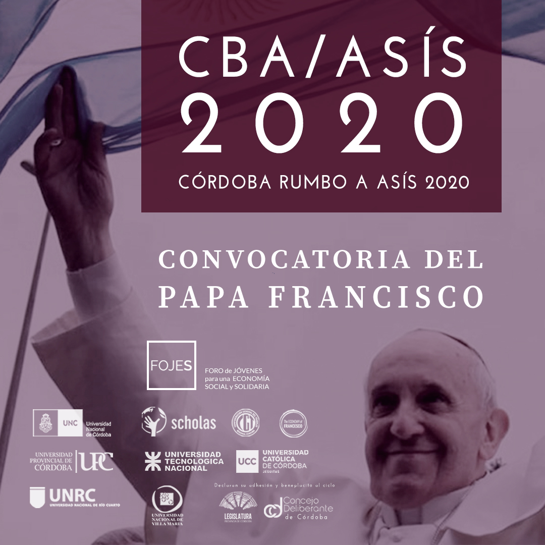 Gráfica de difusión Córdoba Rumbo a Asís con la imagen del Papa Francisco de fondo