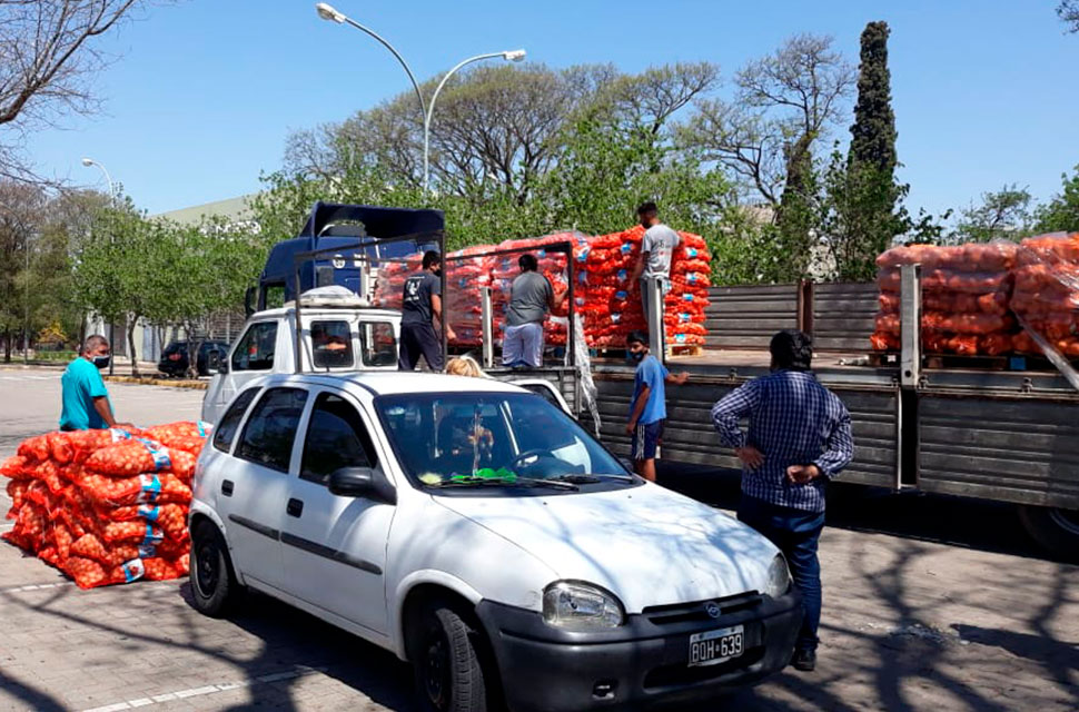 Tres varones llenan el trailer de un camión con bolsas de cebollas mientras un señor mira de pie junto a un automóvil