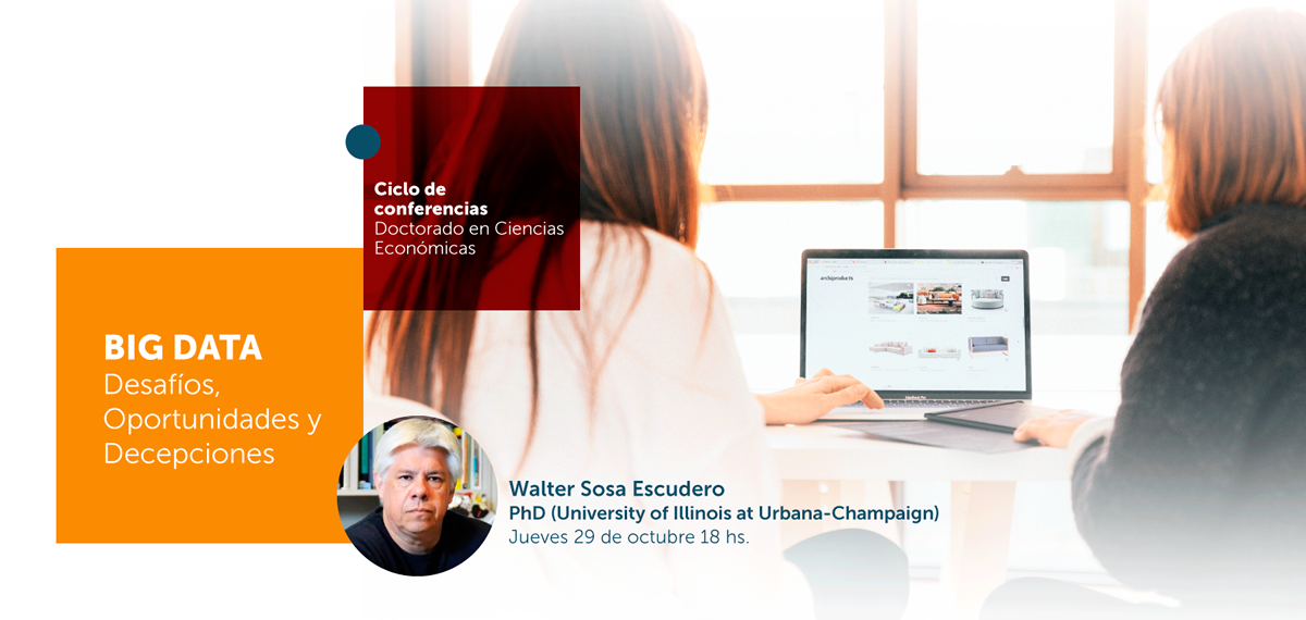 Dos mujeres viendo una computadora portátil delante de un gran ventanal y debajo el rostro de Walter Sosa Escudero