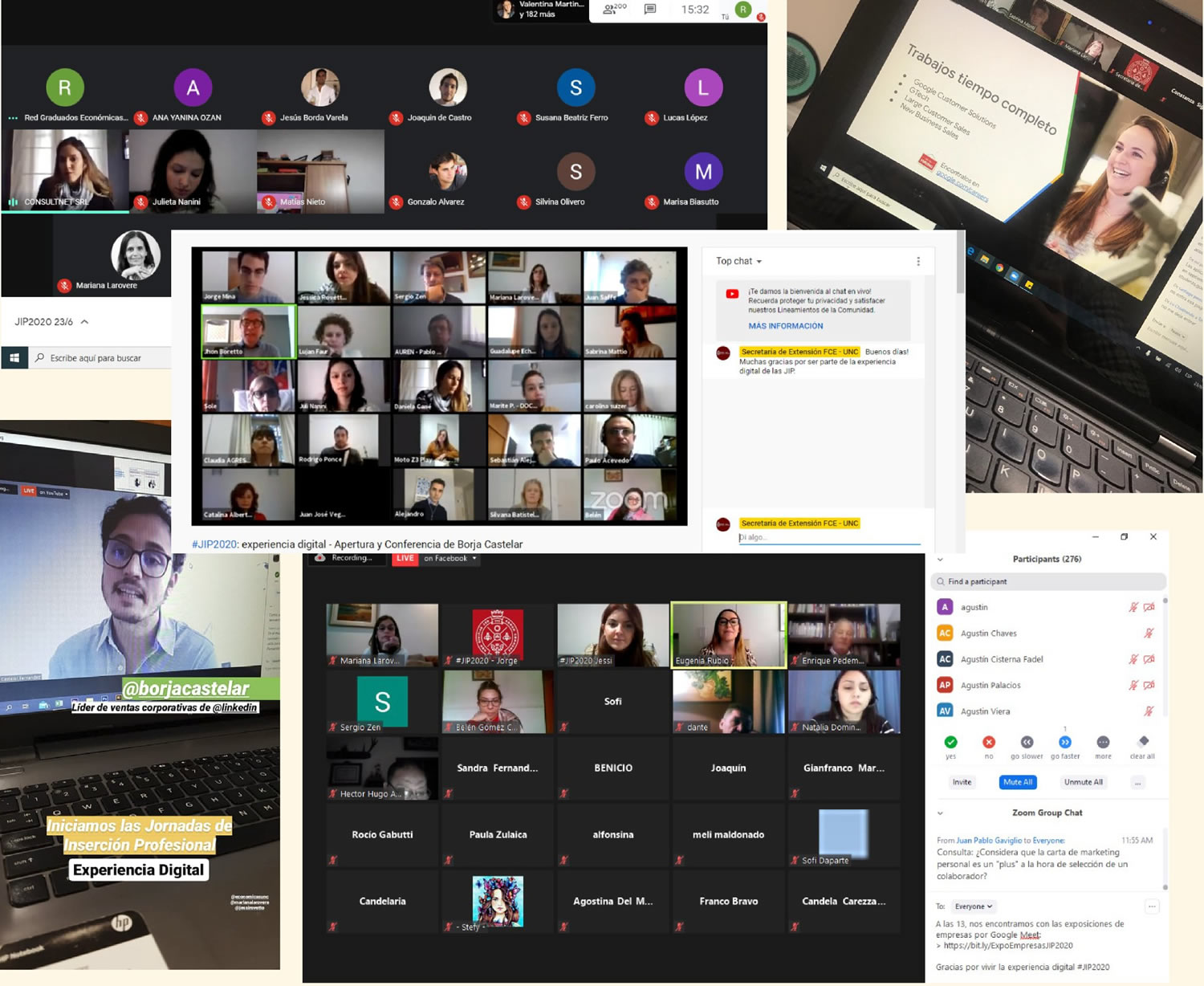 Varias tomas de pantalla de computadoras donde se ven sesiones de videollamadas de las Jornadas de Inserción Profesional