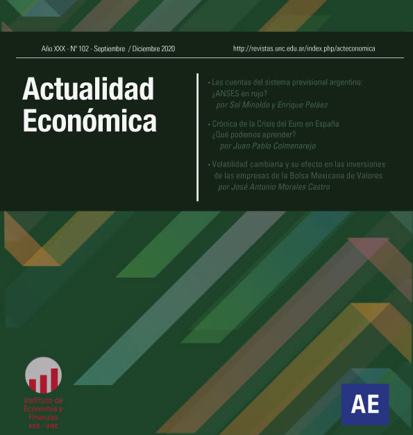 Portada de la revista Actualidad Económica, con los títulos de los artículos del número 102 y al pie figuran los logos del Instituto de Economía y Finanzas y de la revista