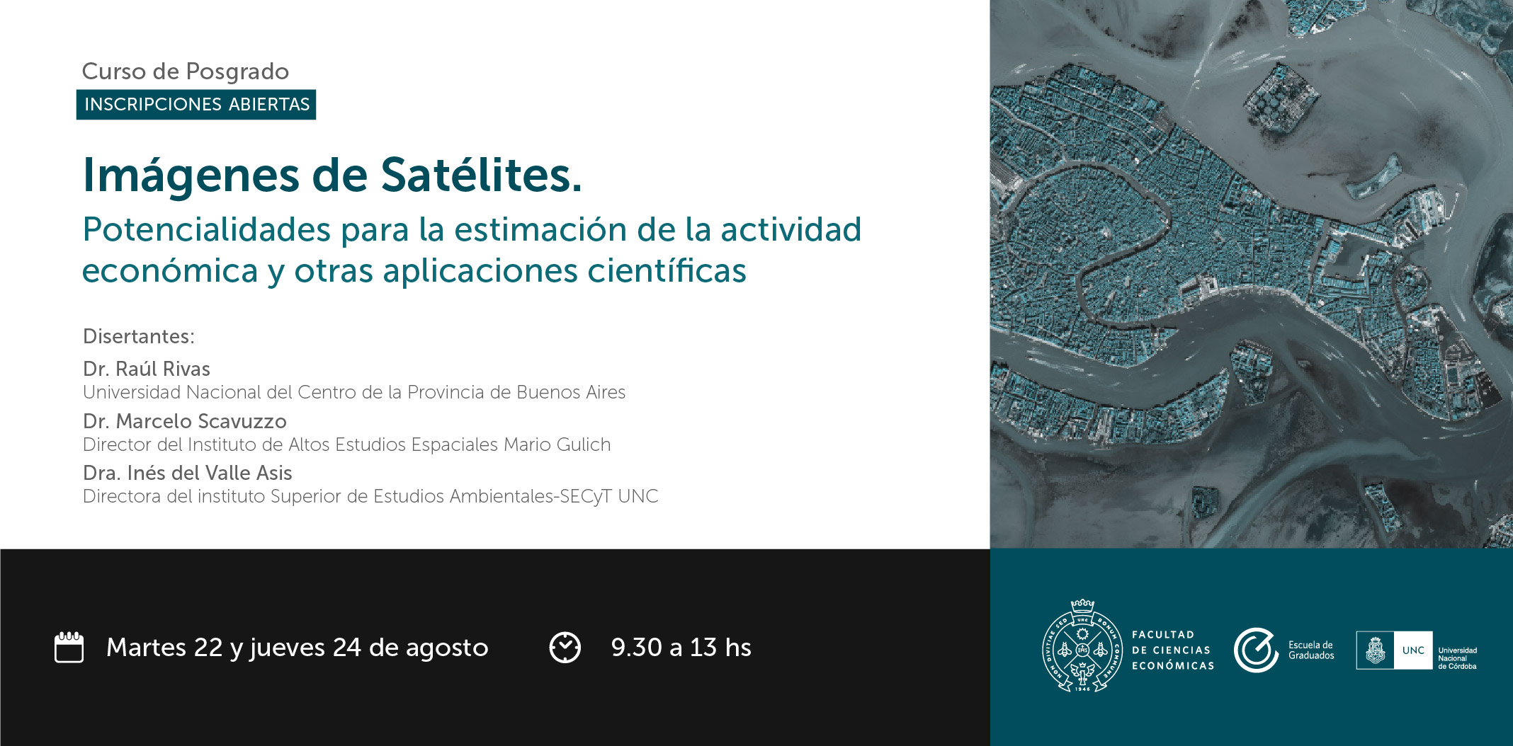 Pieza grafica de invitacion a la charla sobre imágenes satelitales de la facultad de ciencias economicas de la unc