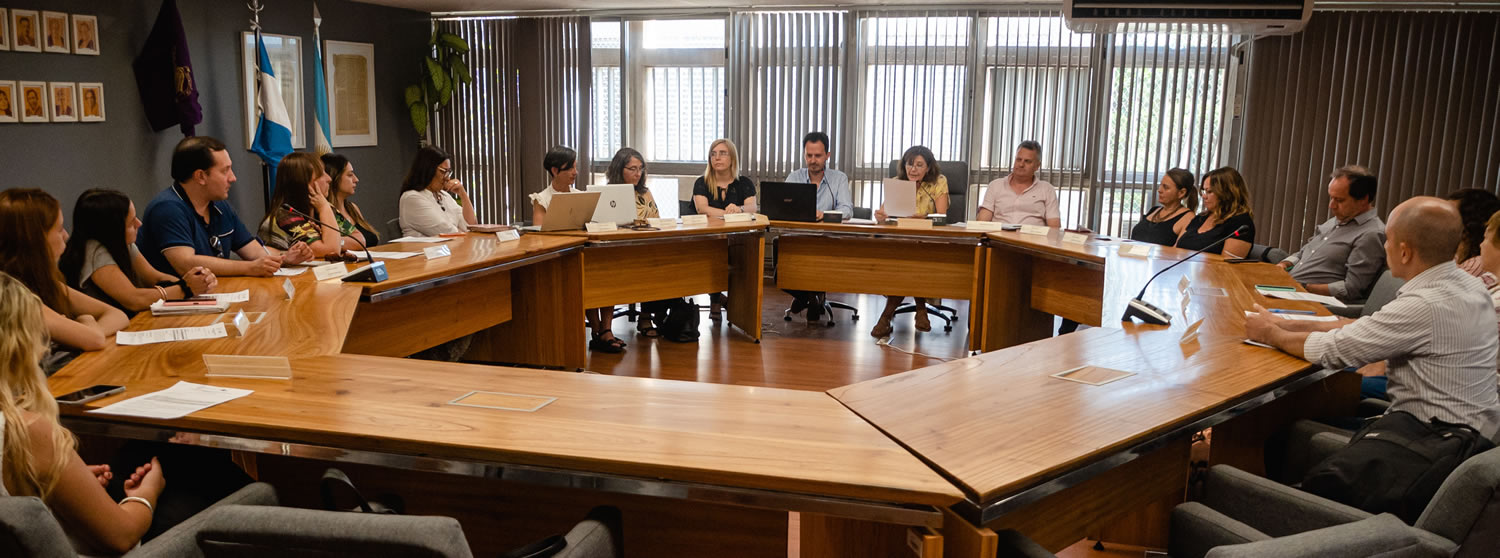Las 18 personas integrantes del Consejo Directivo sentados en los sillones ocupando la mesa de madera y hay dos banderas argentinas detrás junto a un ventanal en un día despejado