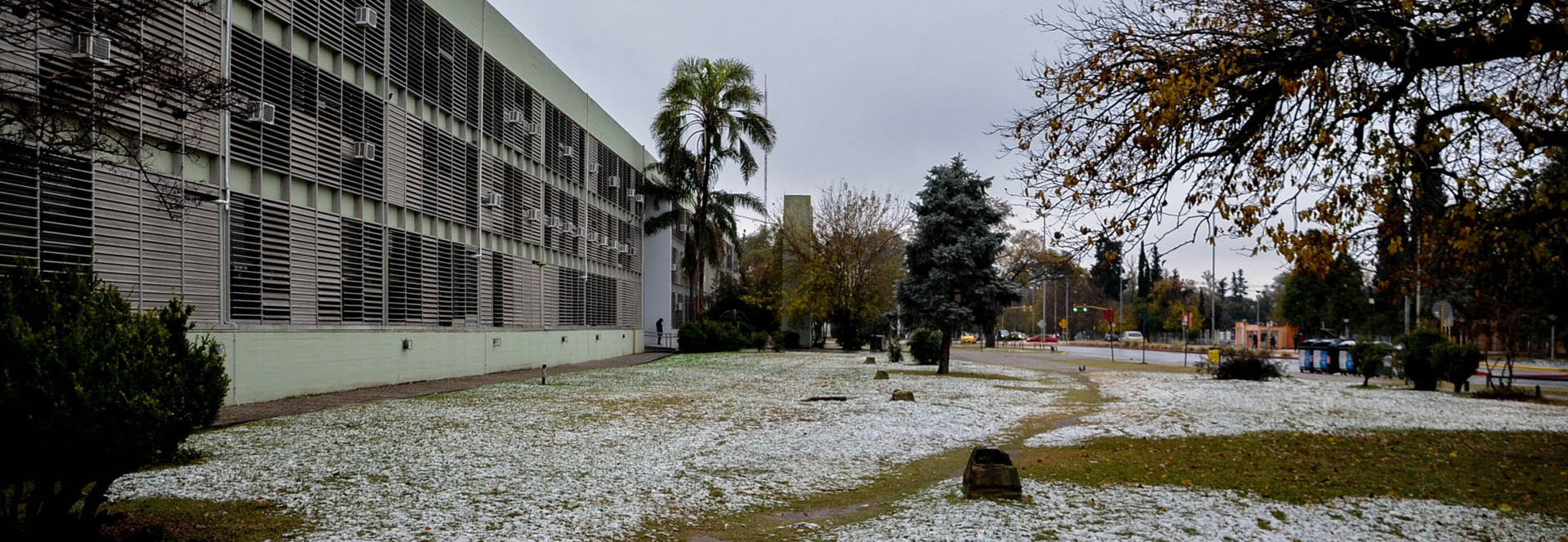 El frente de la Facultad en un día cubierto con nieve sobre el césped