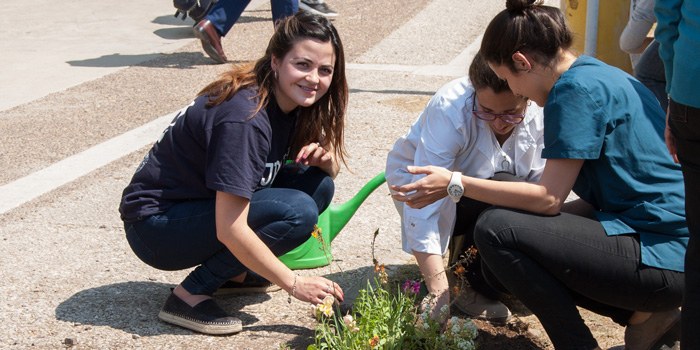 Tres chicas agachadas sonriendo cuidando unas plantitas en un día muy soleado 